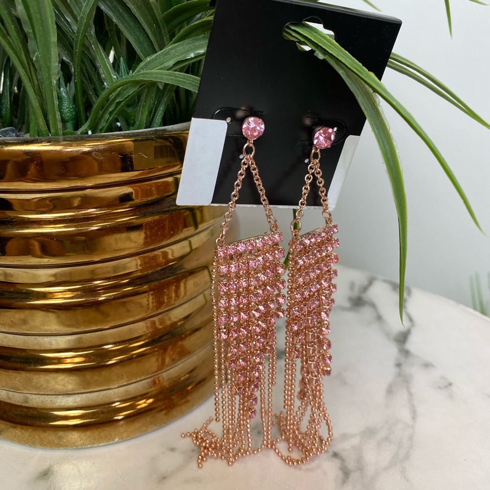 ‼️ Pink Rose Gold Rhinestone Earrings Necklace - Picture 4 of 8